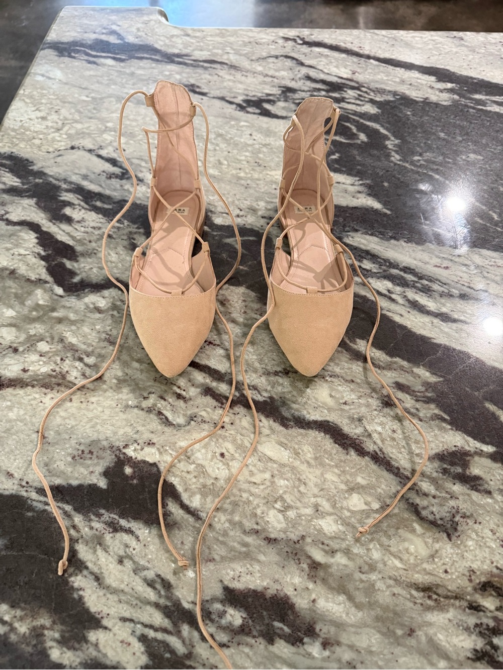 Zara Pointed Lace-Up Flats in Beige